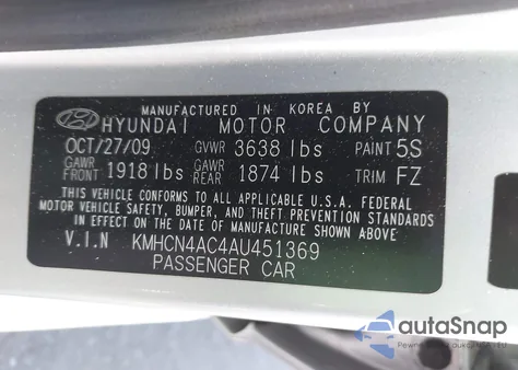 2010 Hyundai Accent Gls z USA, uszkodzony, nr VIN KMHCN4AC4AU451369